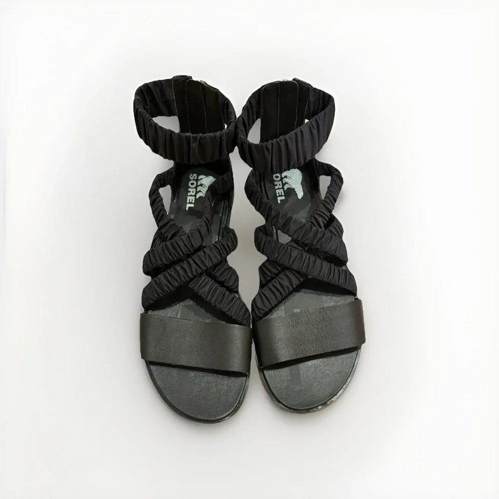 Sorel Ella II Ankle Strap Sandal Leather Bohemian Strappy Black Size 9.5 Womens